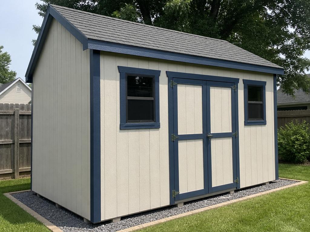 Gable backyard shed with T1-11 siding and dark blue LP trim in a landscaped yard