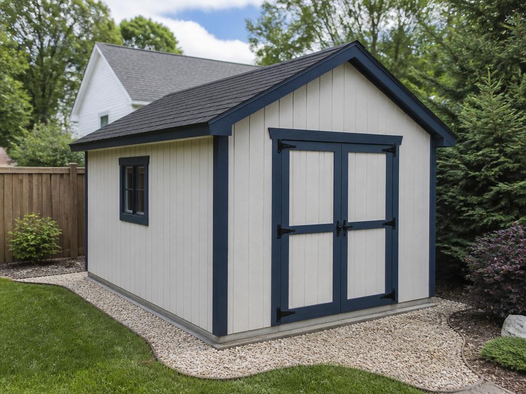 Garden backyard shed with T1-11 siding and dark blue LP trim in a clean backyard
