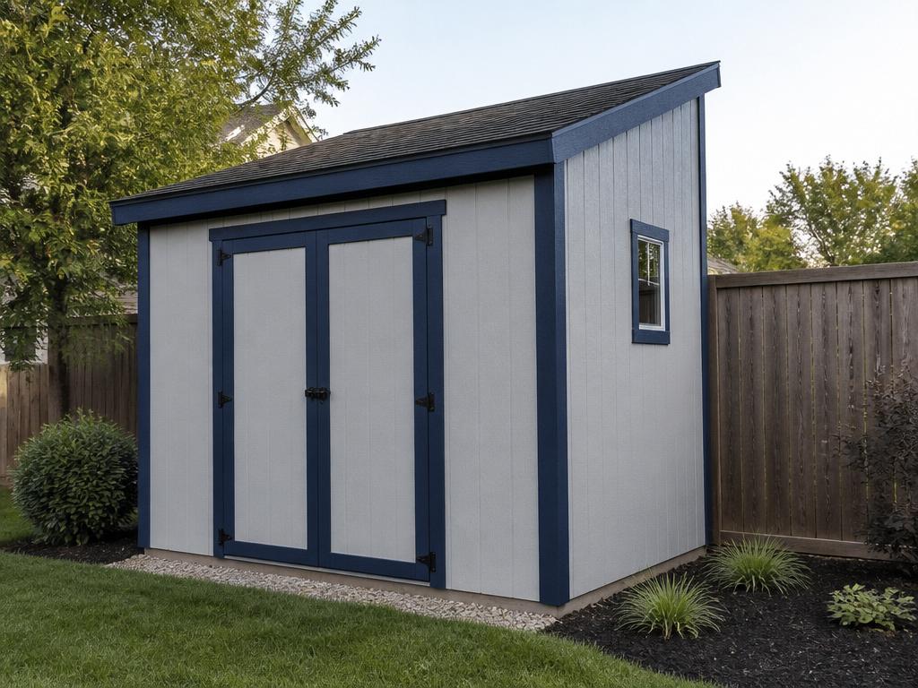 Lean-to backyard shed with T1-11 siding and dark blue LP trim against a fence
